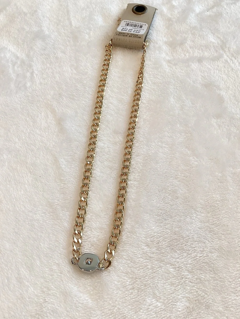 Anthropologie Gold Plated Chain Necklace Bezel Stone Two Tone Chunky New CZ 16”